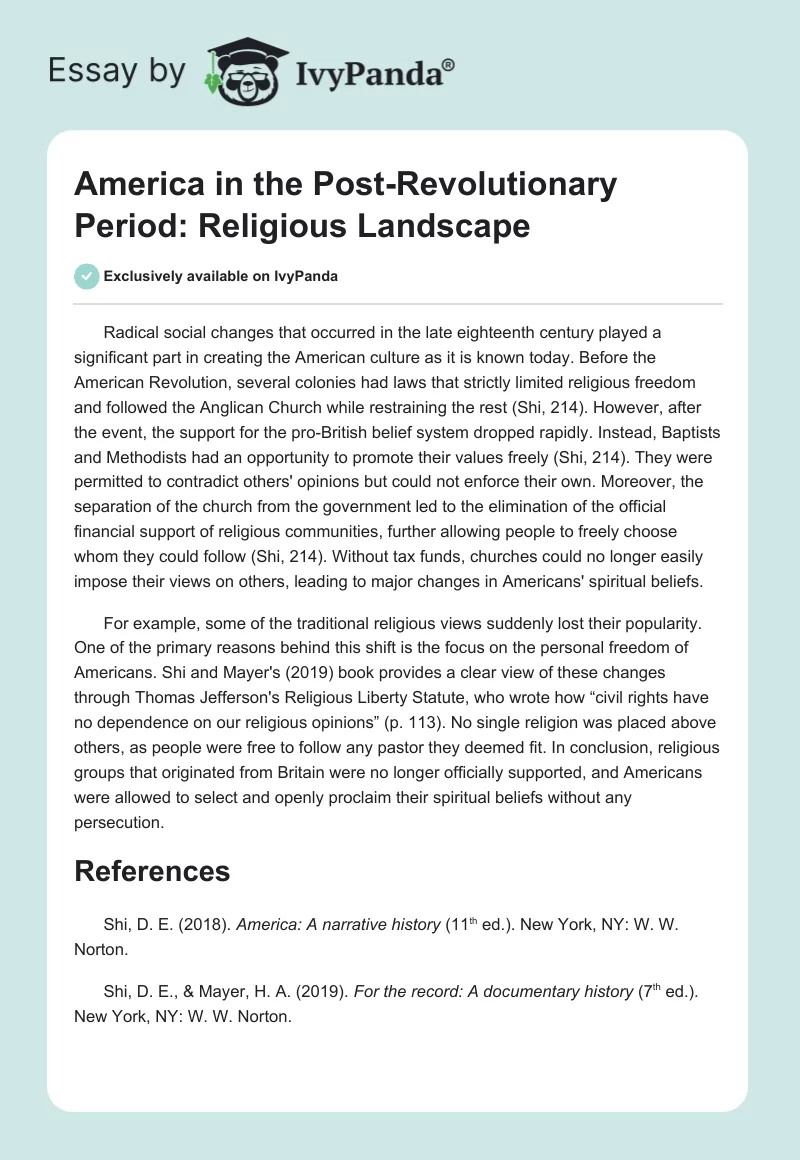 America in the Post-Revolutionary Period: Religious Landscape. Page 1