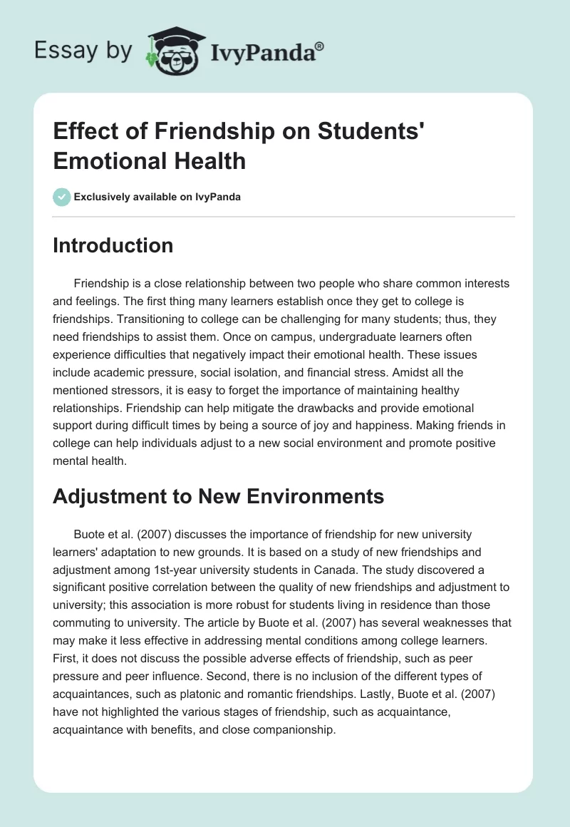Effect of Friendship on Students' Emotional Health. Page 1