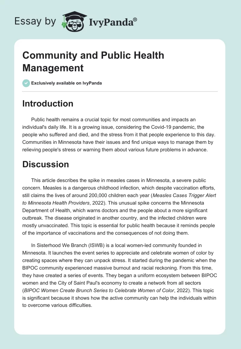 Community and Public Health Management. Page 1