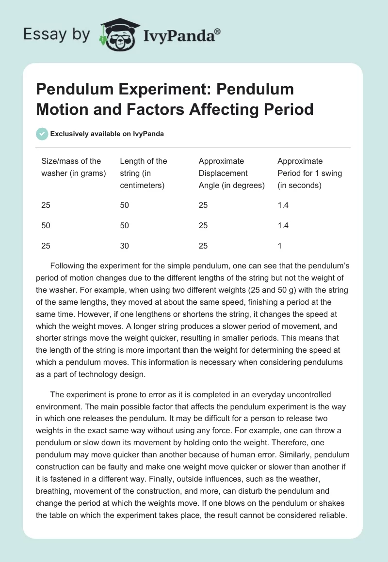 Pendulum Experiment: Pendulum Motion and Factors Affecting Period. Page 1