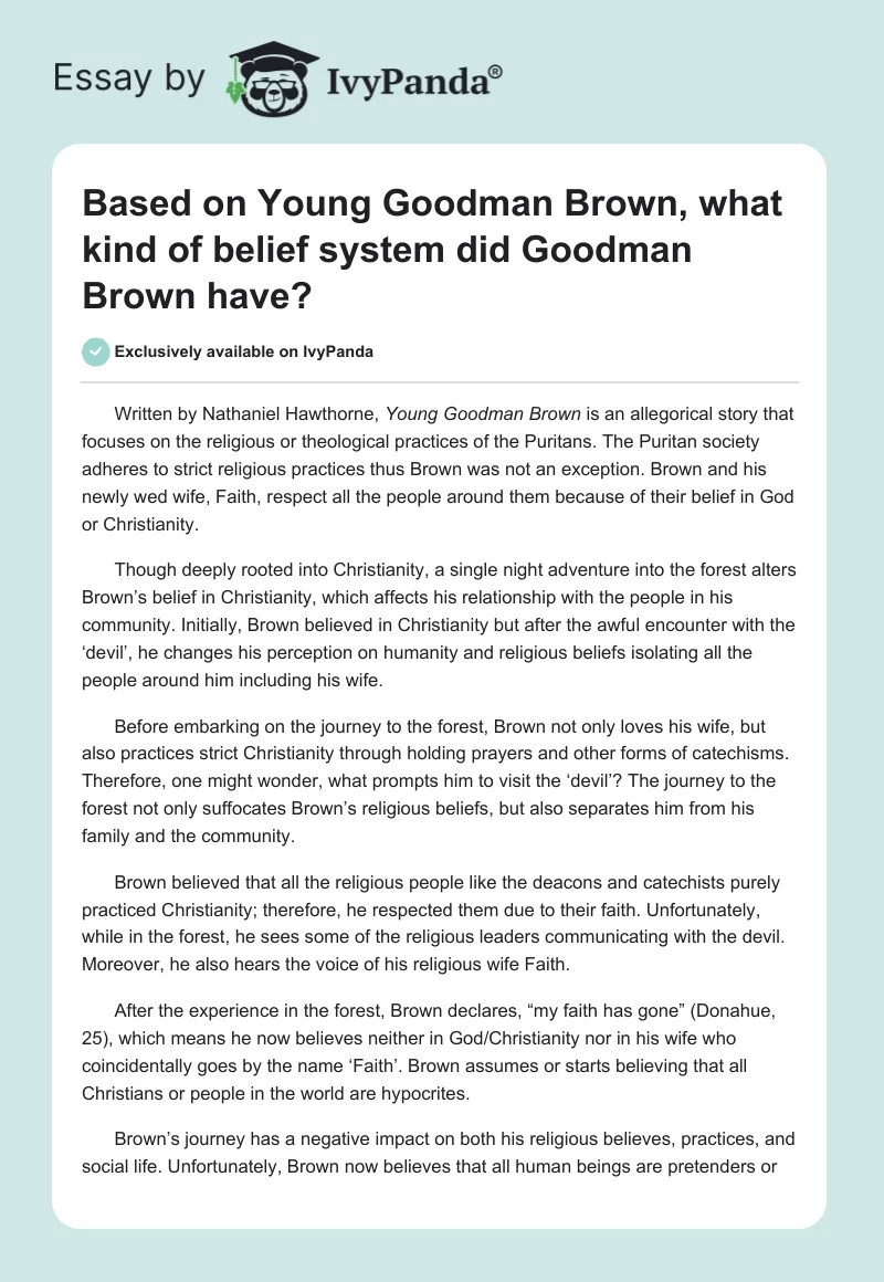 Based on “Young Goodman Brown,” What Kind of Belief System Did Goodman Brown Have?. Page 1