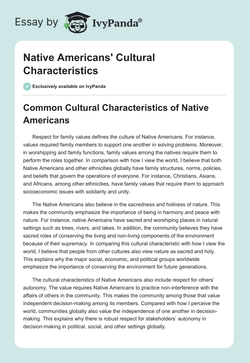 Native Americans' Cultural Characteristics. Page 1