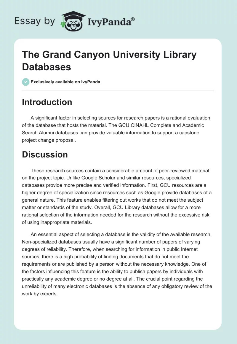 The Grand Canyon University Library Databases. Page 1