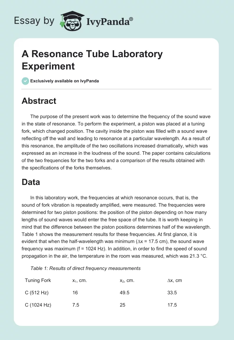 A Resonance Tube Laboratory Experiment. Page 1