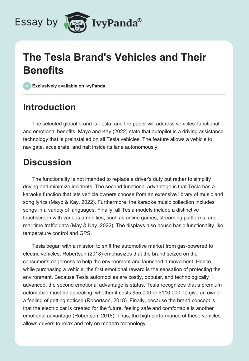 The Tesla Brand's Vehicles and Their Benefits. Page 1