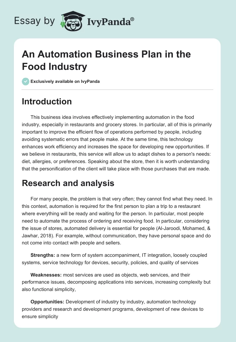An Automation Business Plan in the Food Industry. Page 1
