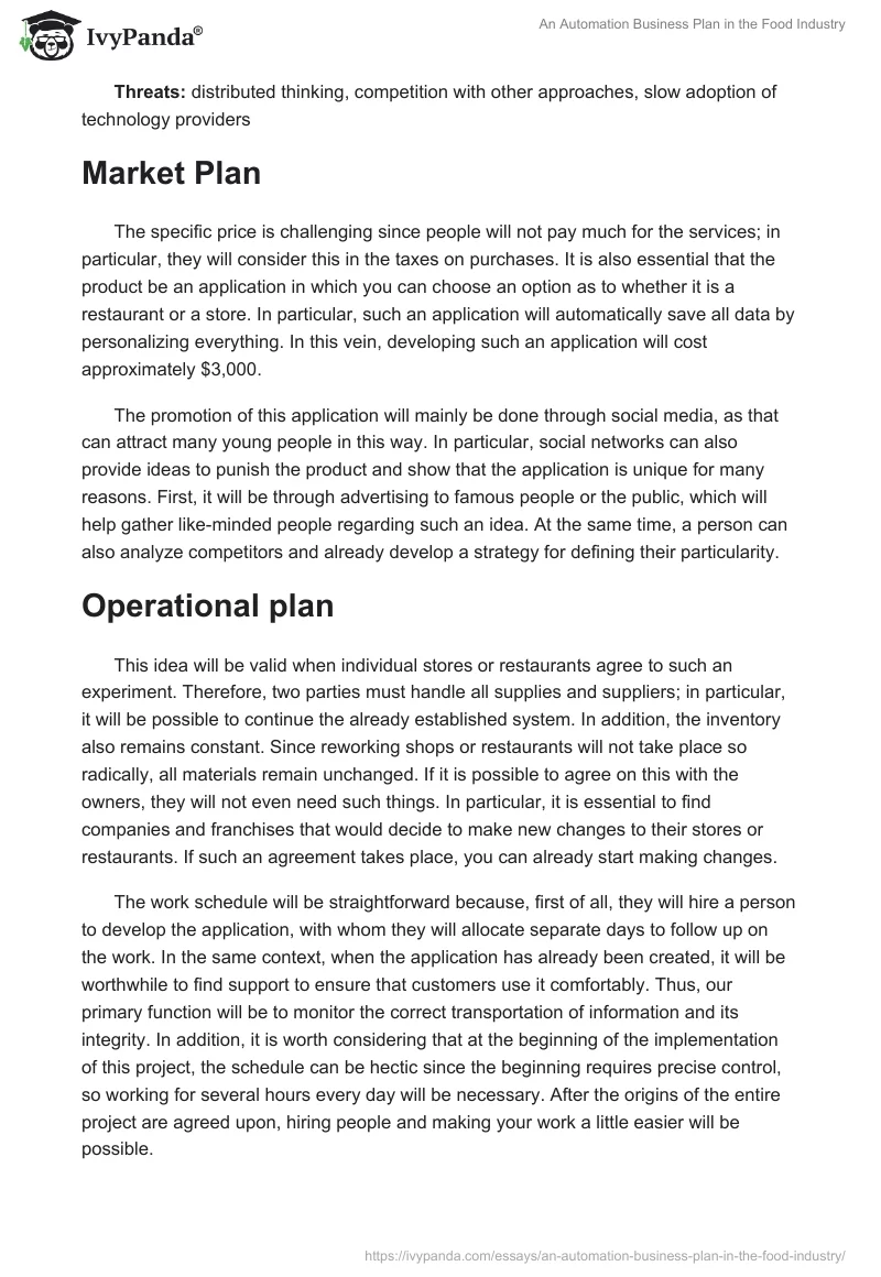 An Automation Business Plan in the Food Industry. Page 2