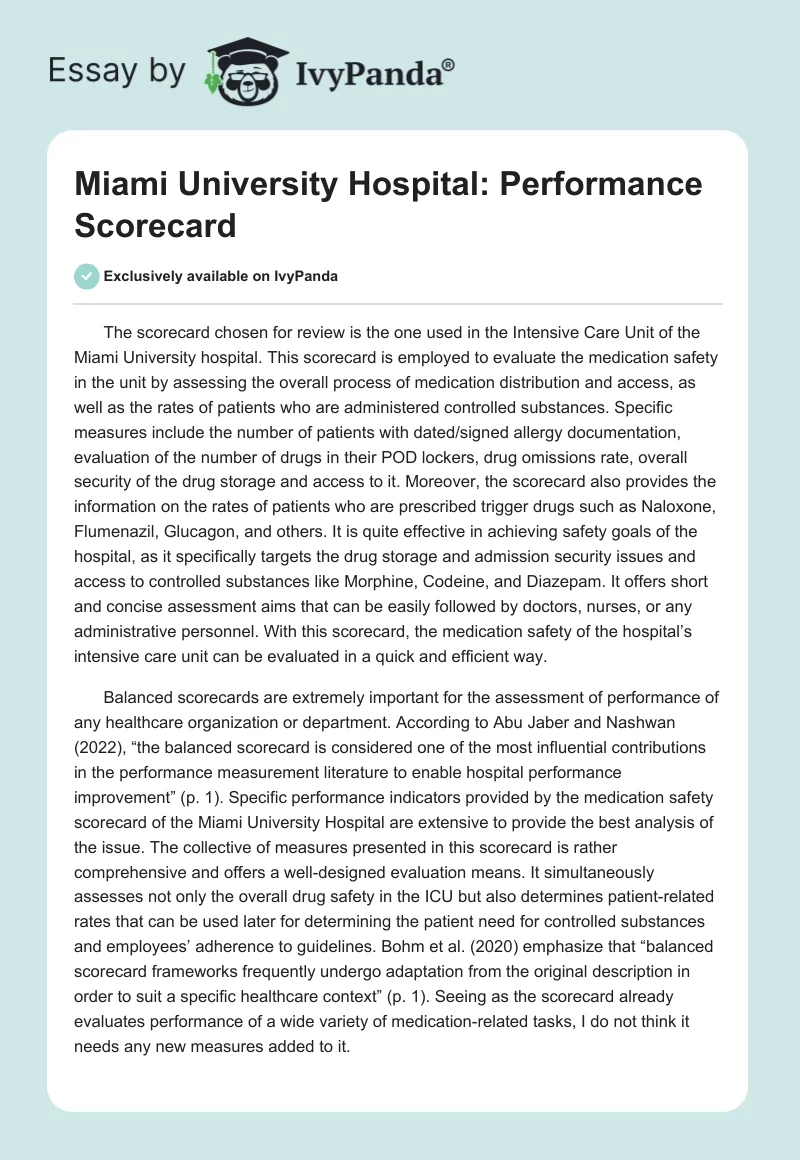 Miami University Hospital: Performance Scorecard. Page 1