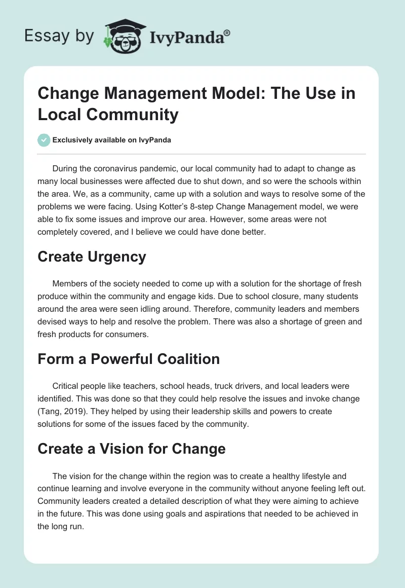 Change Management Model: The Use in Local Community. Page 1