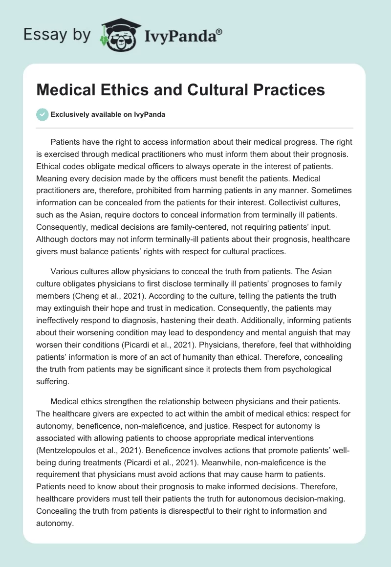 Medical Ethics and Cultural Practices. Page 1