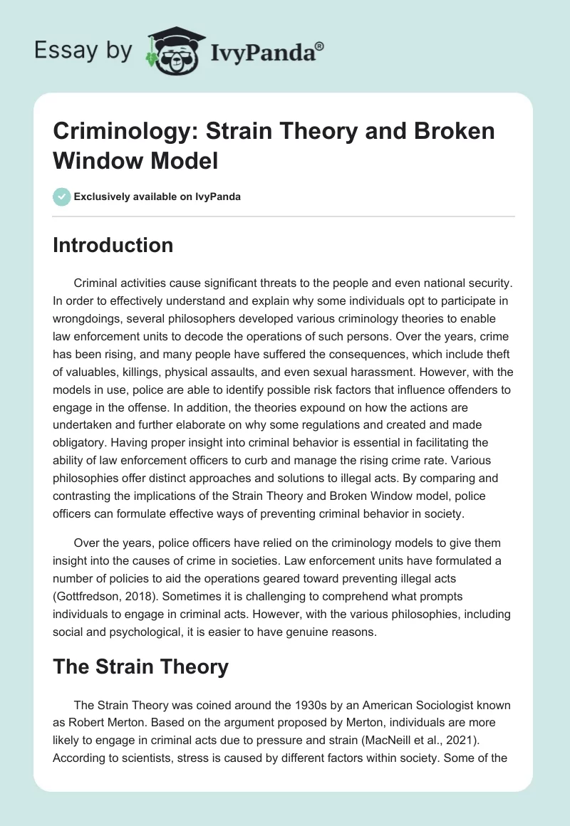 Criminology: Strain Theory and Broken Window Model. Page 1