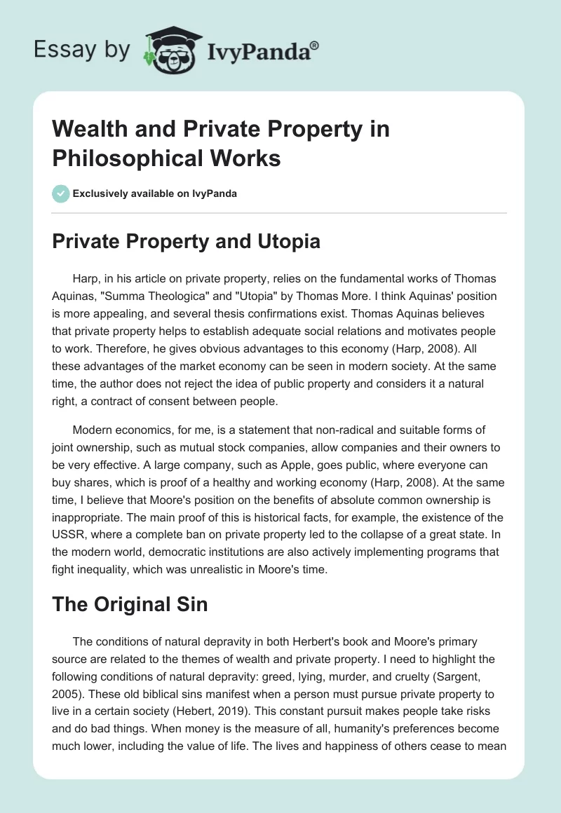 Wealth and Private Property in Philosophical Works. Page 1