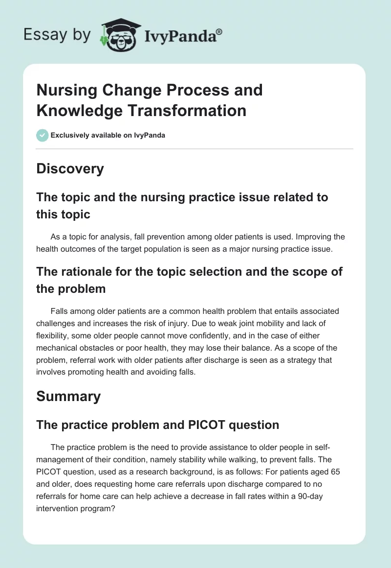 Nursing Change Process and Knowledge Transformation. Page 1