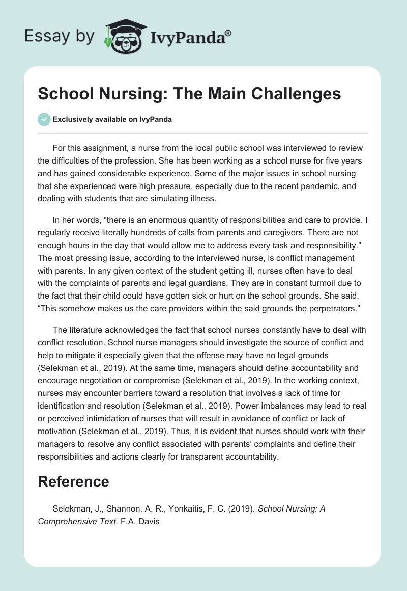 School Nursing: The Main Challenges. Page 1