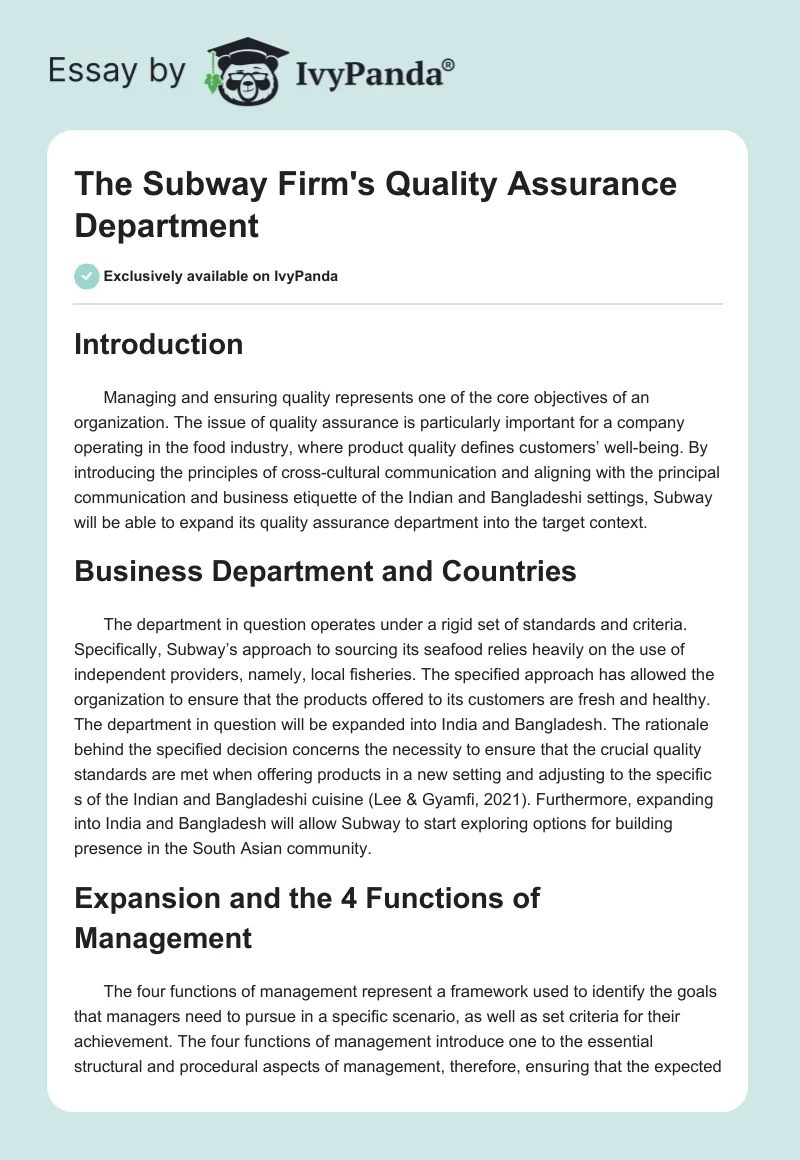 The Subway Firm's Quality Assurance Department. Page 1