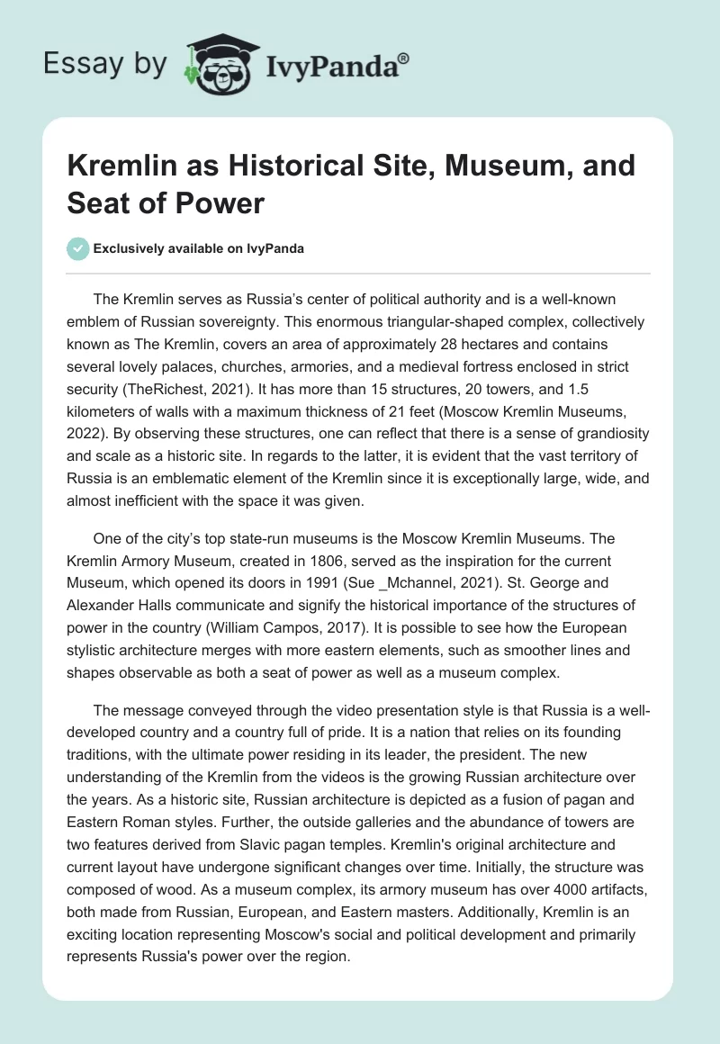 Kremlin as Historical Site, Museum, and Seat of Power. Page 1