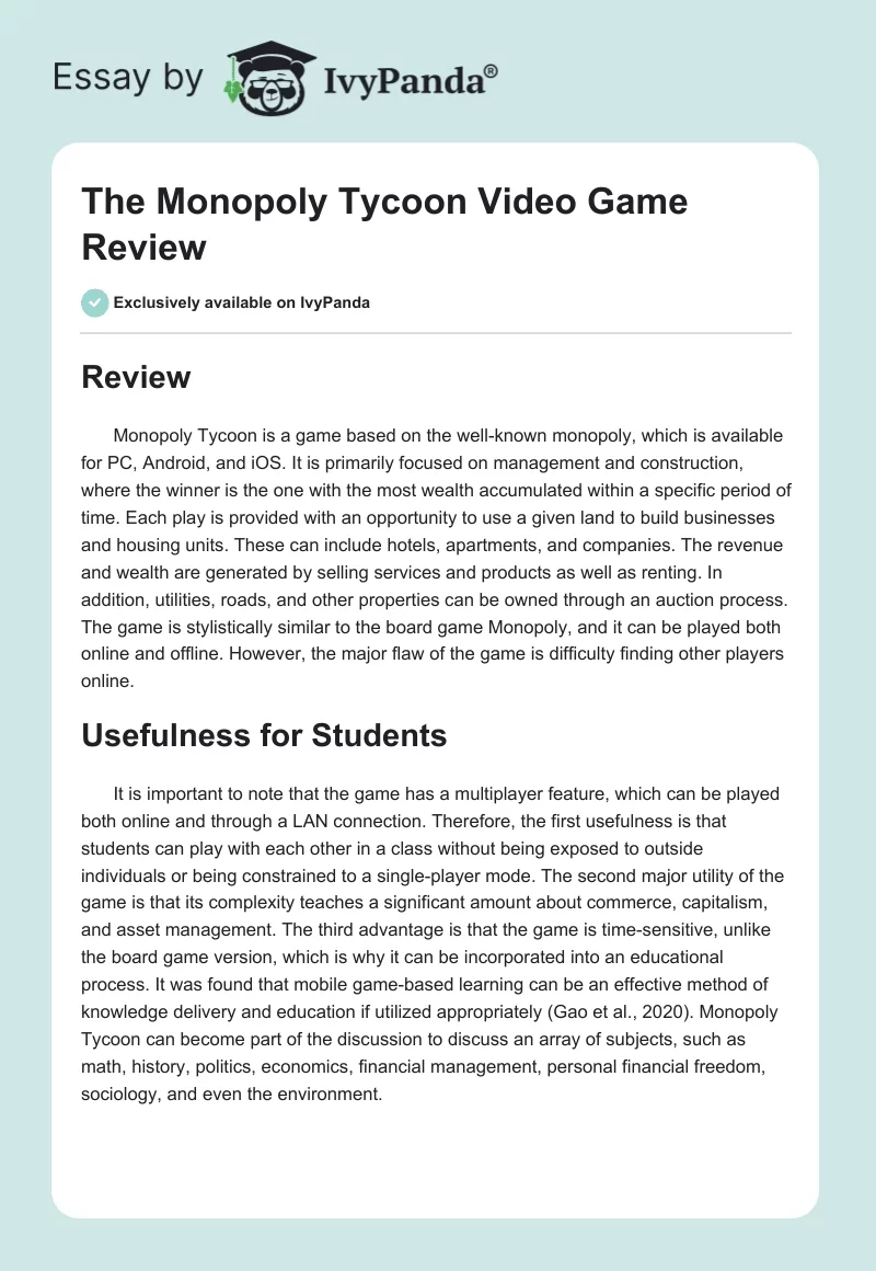 The Monopoly Tycoon Video Game Review. Page 1