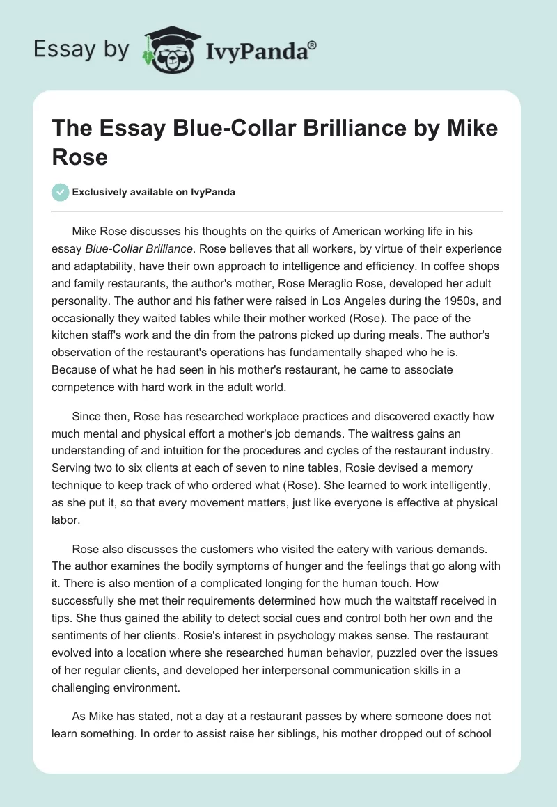 The Essay "Blue-Collar Brilliance" by Mike Rose. Page 1