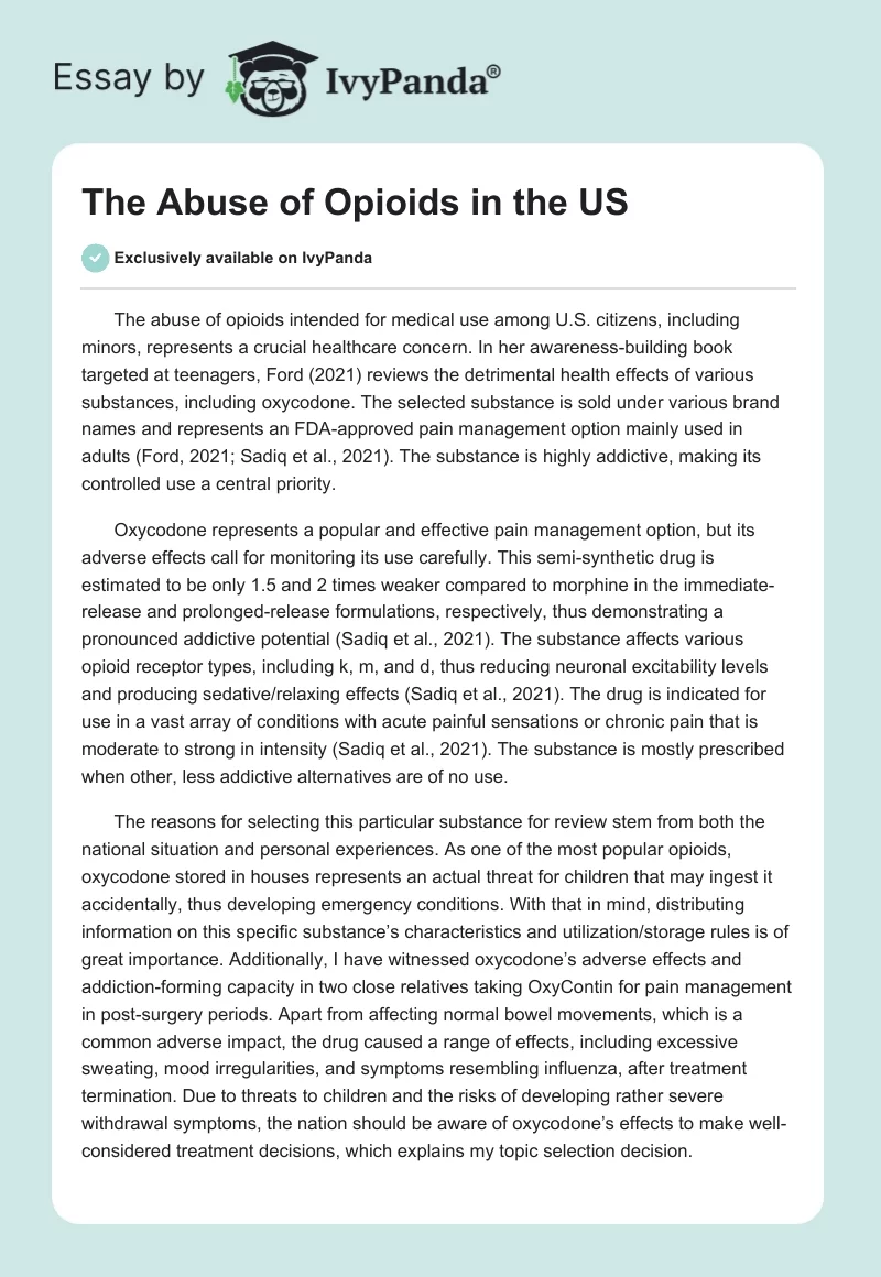 The Abuse of Opioids in the US. Page 1