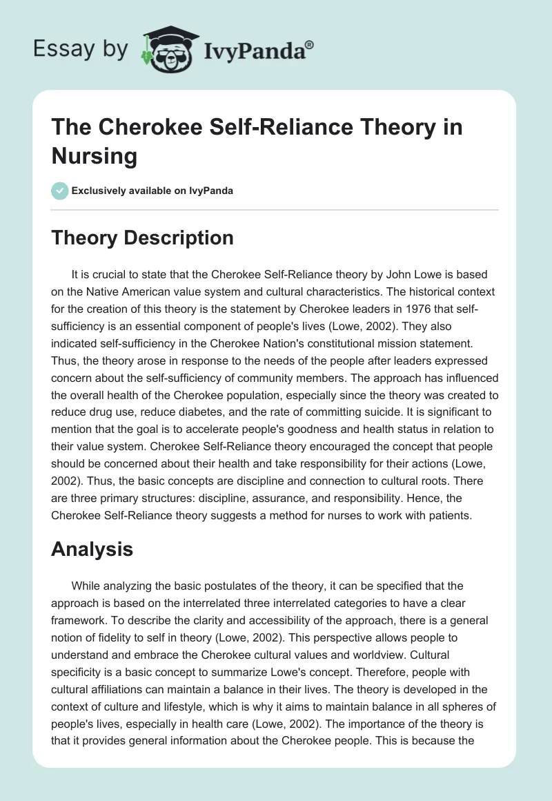 The Cherokee Self-Reliance Theory in Nursing. Page 1