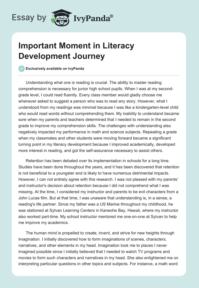 Important Moment in Literacy Development Journey. Page 1