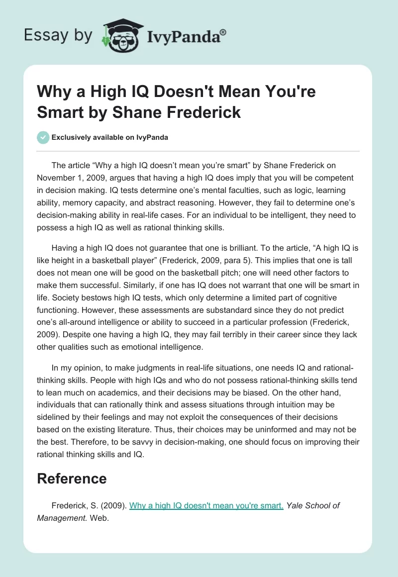 "Why a High IQ Doesn't Mean You're Smart" by Shane Frederick. Page 1