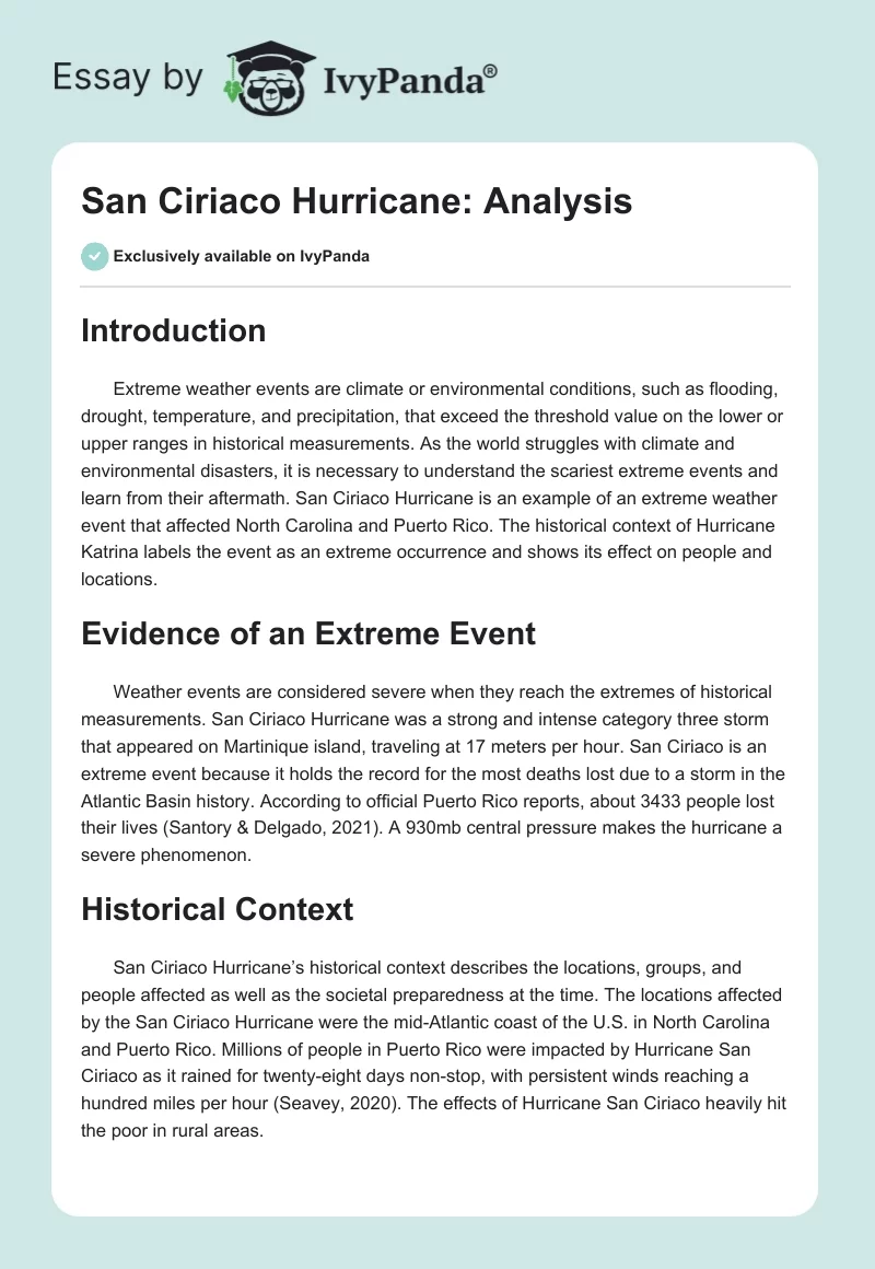 San Ciriaco Hurricane: Analysis. Page 1