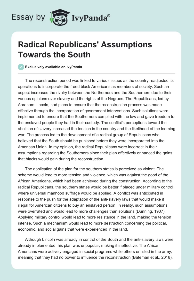 Radical Republicans' Assumptions Towards the South. Page 1