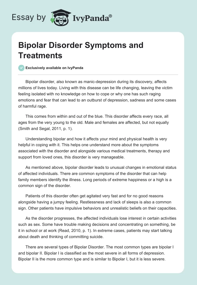 Bipolar Disorder Symptoms and Treatments. Page 1