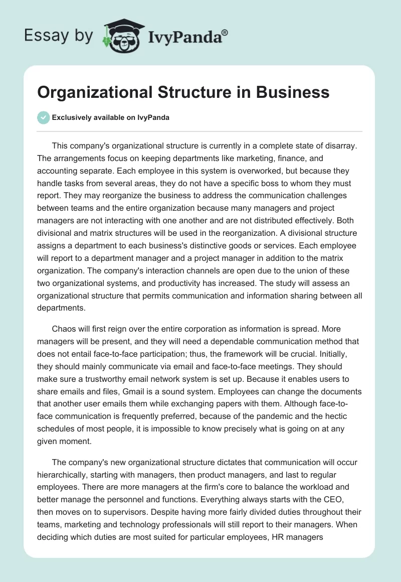 Organizational Structure in Business. Page 1