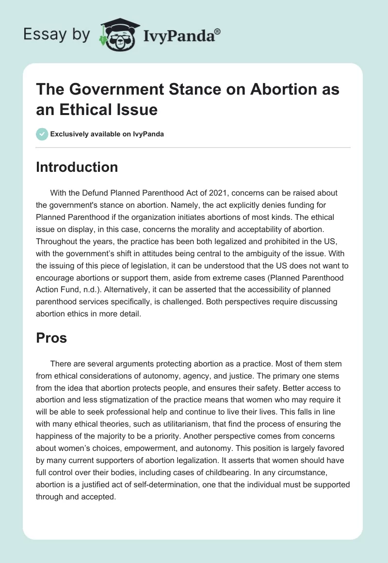 The Government Stance on Abortion as an Ethical Issue. Page 1