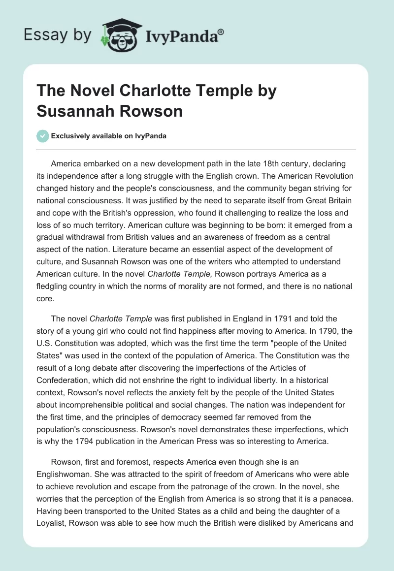 The Novel "Charlotte Temple" by Susannah Rowson. Page 1