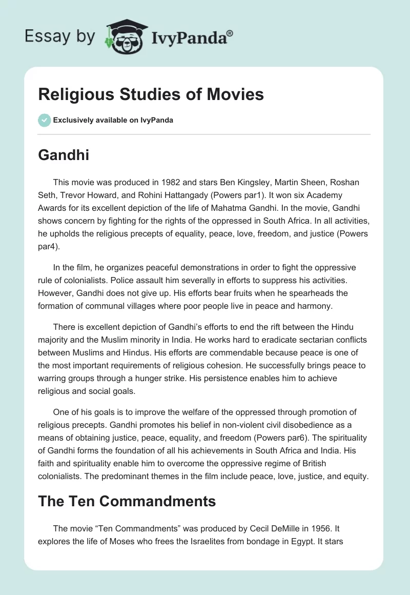 Religious Studies of Movies. Page 1