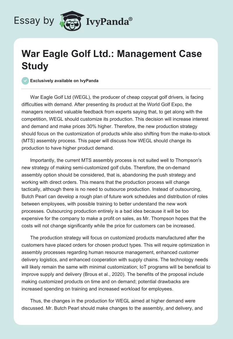 War Eagle Golf Ltd.: Management Case Study. Page 1