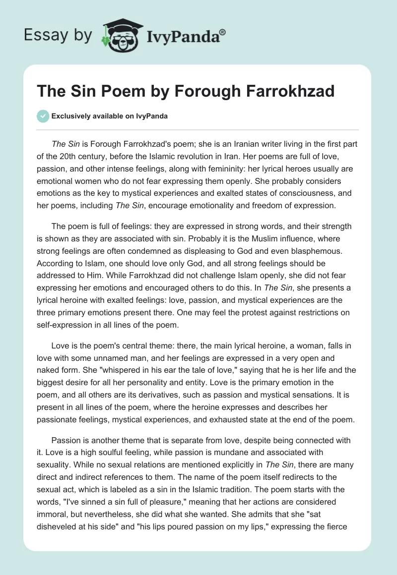 "The Sin" Poem by Forough Farrokhzad. Page 1