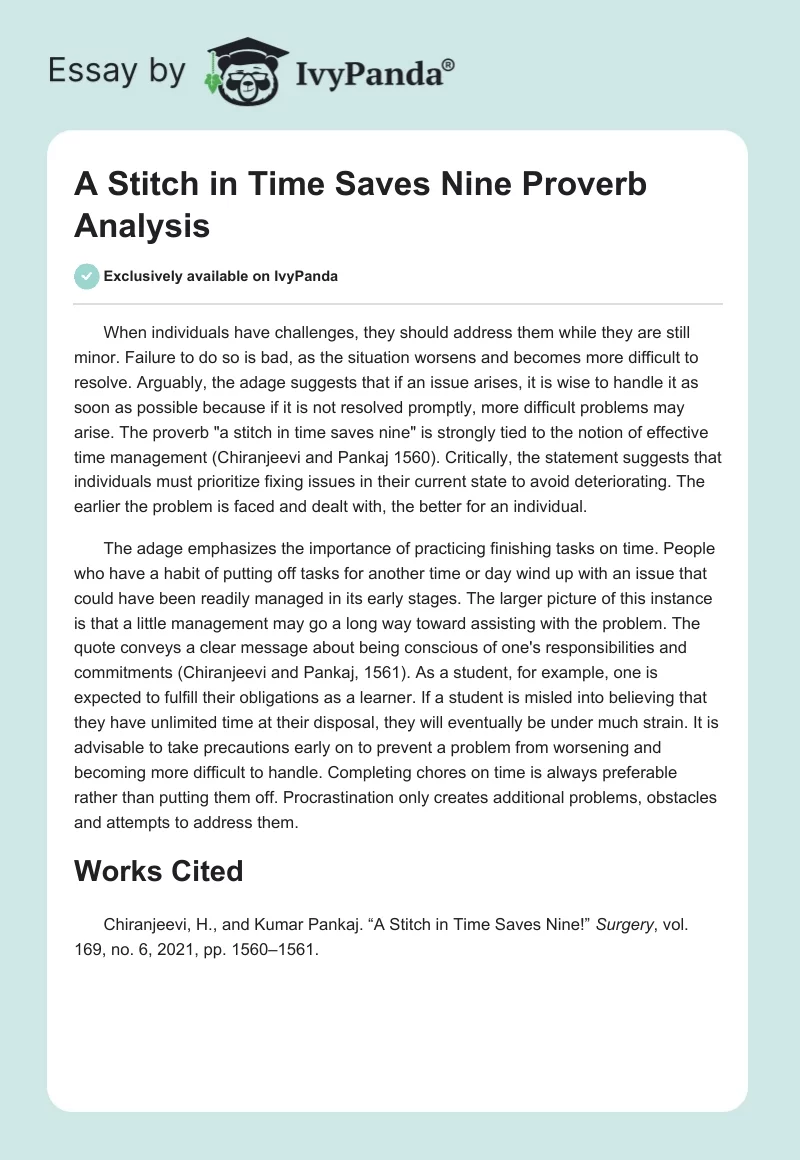 "A Stitch in Time Saves Nine" Proverb Analysis. Page 1