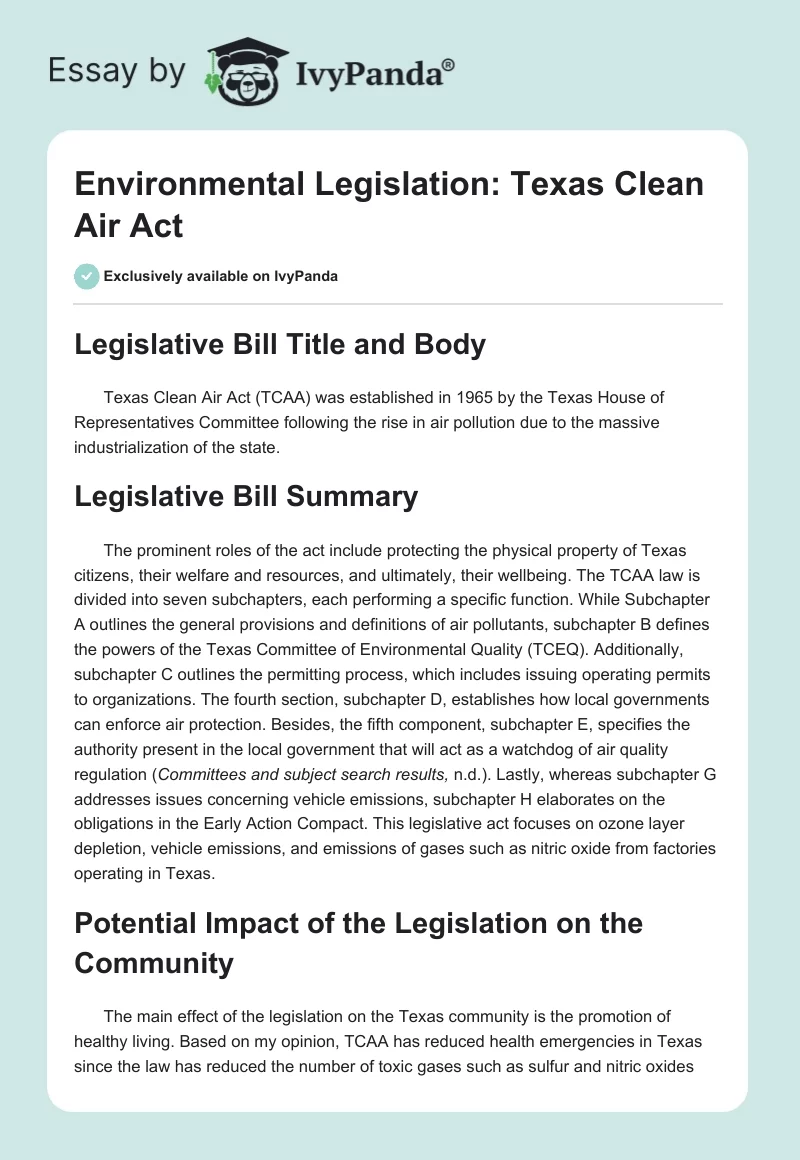 Environmental Legislation: Texas Clean Air Act. Page 1