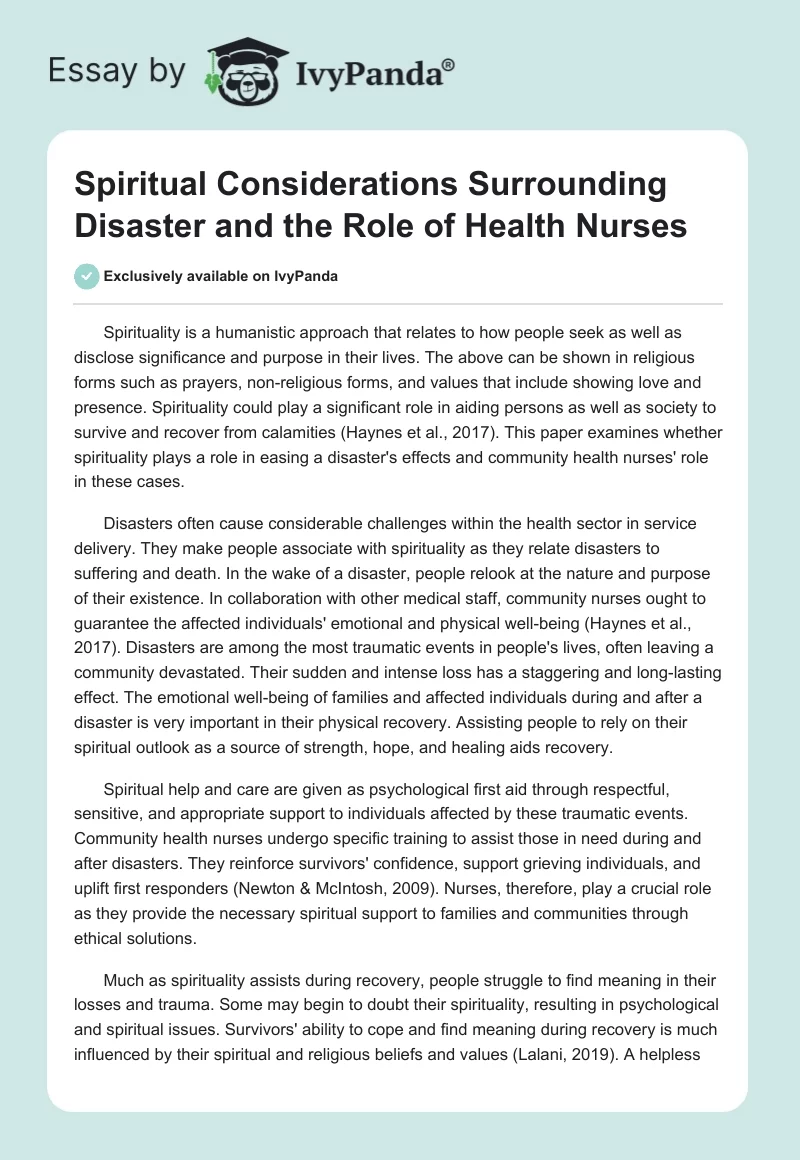 Spiritual Considerations Surrounding Disaster and the Role of Health Nurses. Page 1