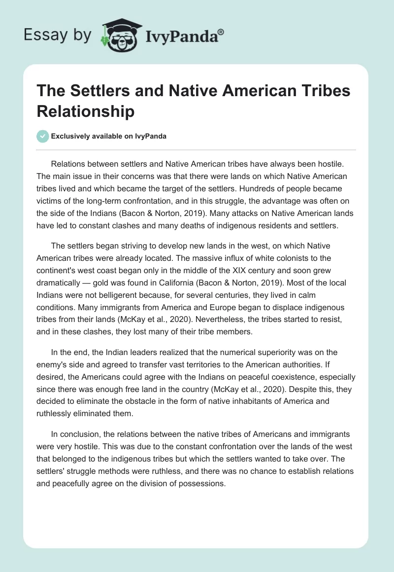 The Settlers and Native American Tribes Relationship. Page 1