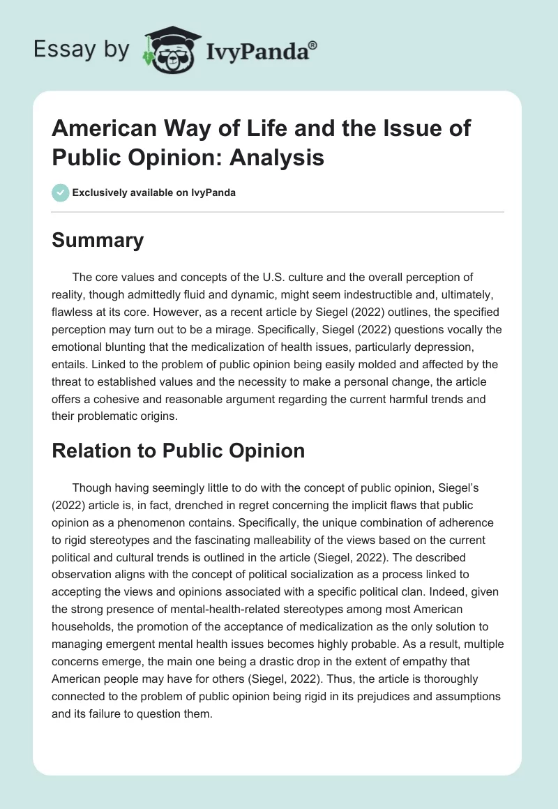 American Way of Life and the Issue of Public Opinion: Analysis. Page 1