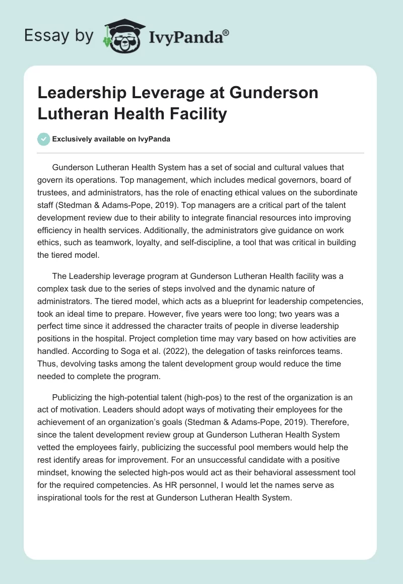 Leadership Leverage at Gunderson Lutheran Health Facility. Page 1