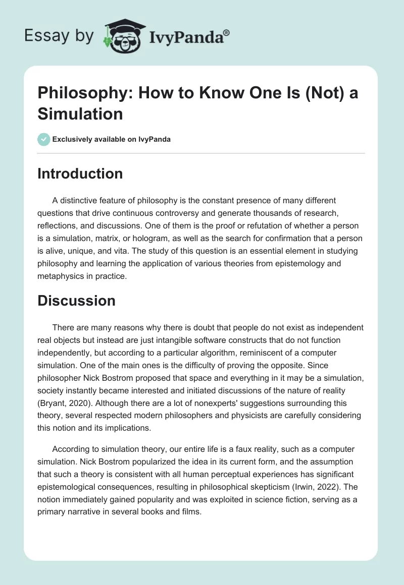 Philosophy: How to Know One Is (Not) a Simulation. Page 1