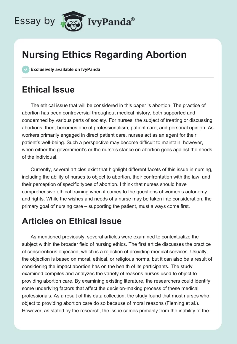 Nursing Ethics Regarding Abortion. Page 1