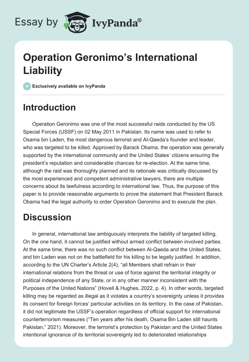 Operation Geronimo’s International Liability. Page 1