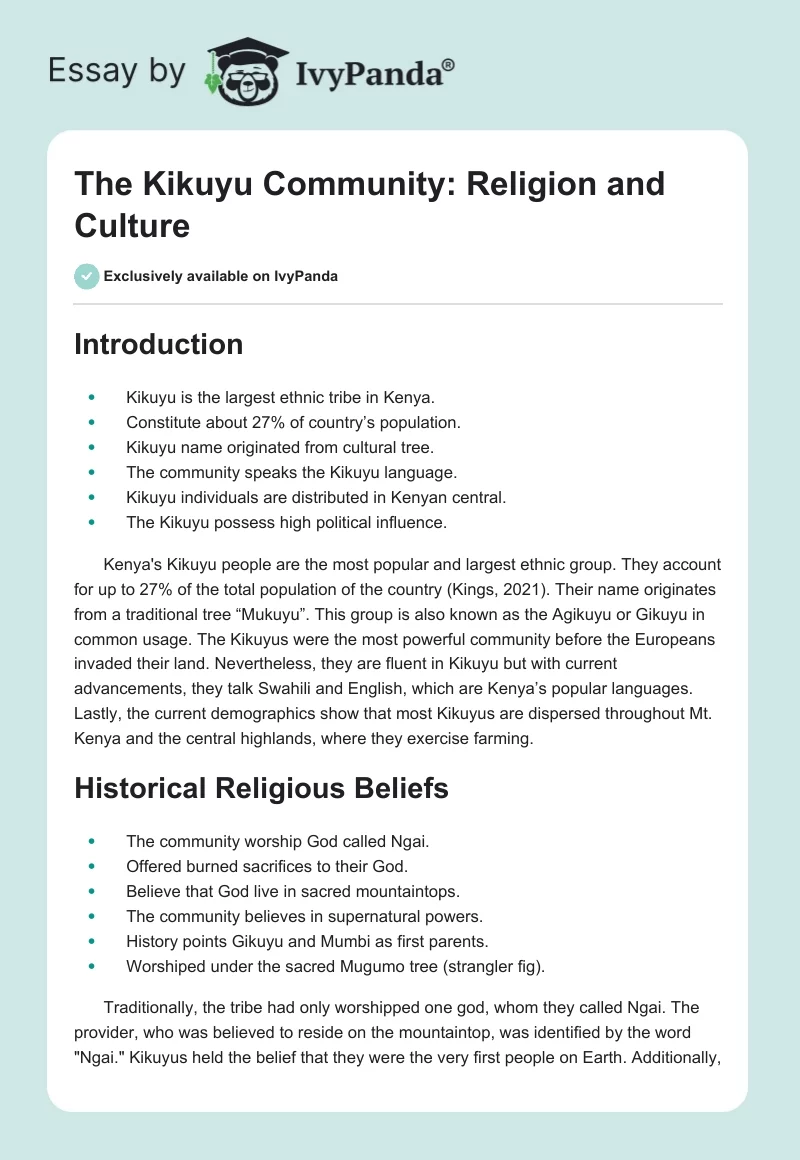 The Kikuyu Community: Religion and Culture. Page 1