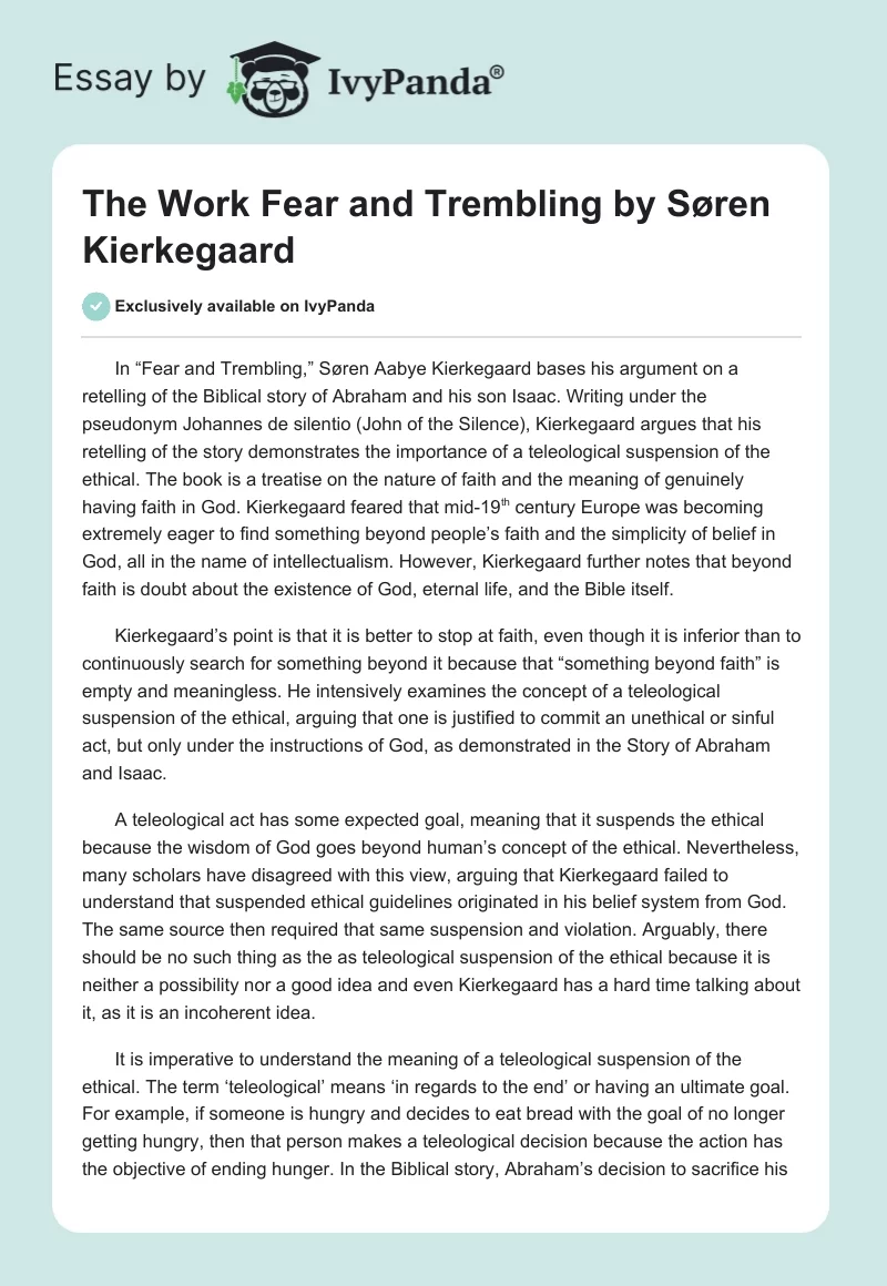 The Work "Fear and Trembling" by Søren Kierkegaard. Page 1