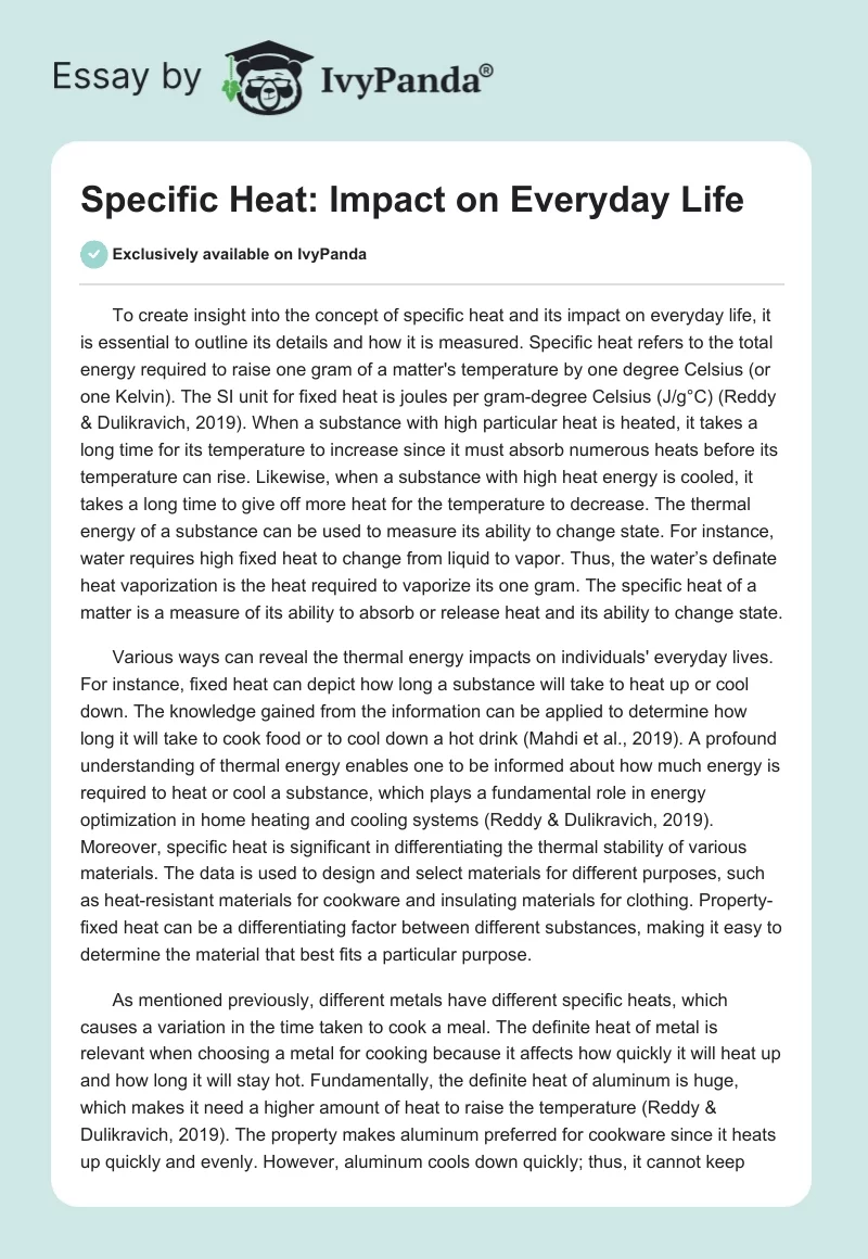 Specific Heat: Impact on Everyday Life. Page 1
