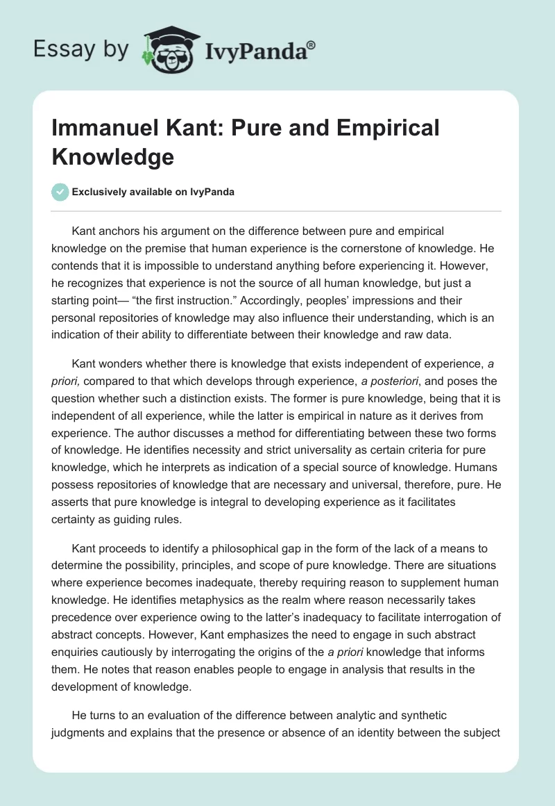 Immanuel Kant: Pure and Empirical Knowledge. Page 1
