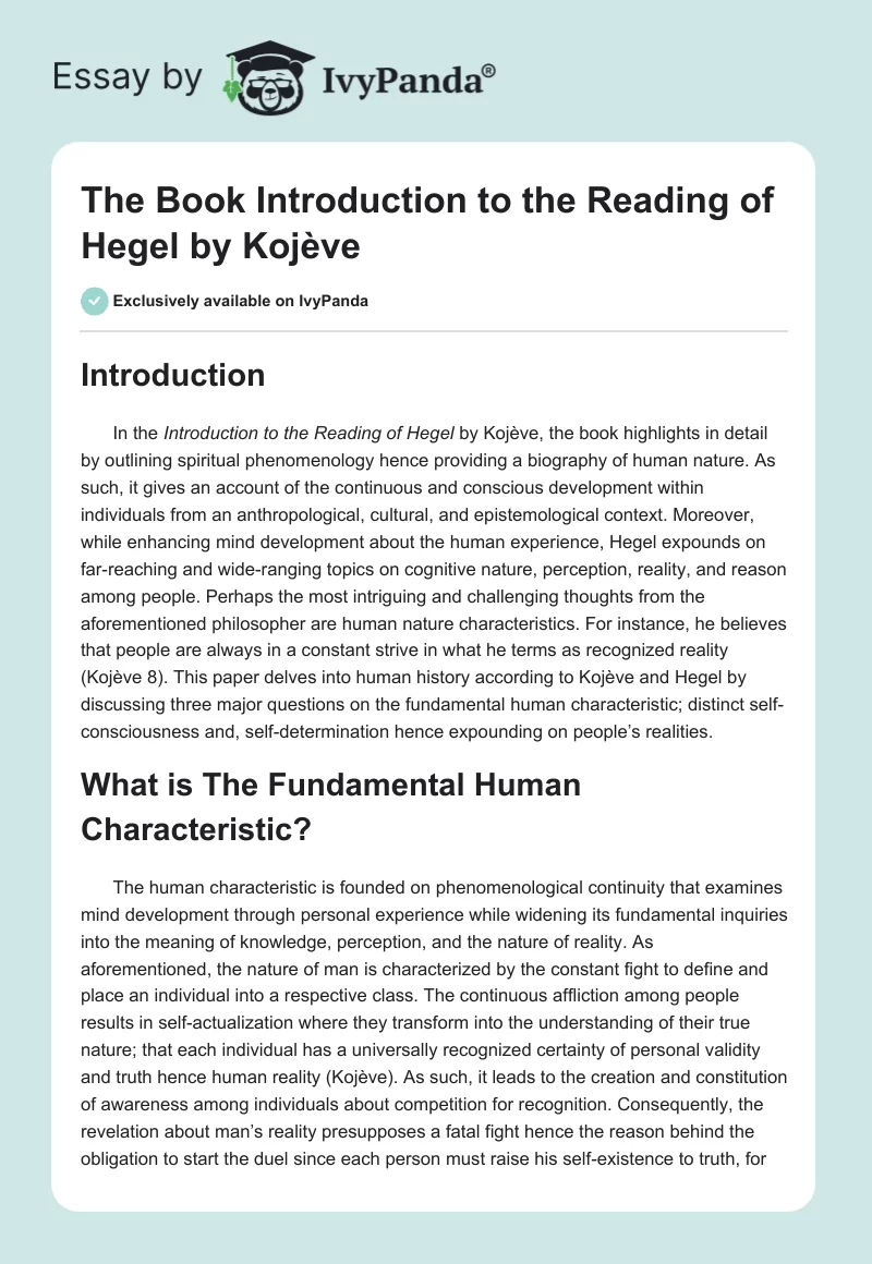 The Book "Introduction to the Reading of Hegel" by Kojève. Page 1