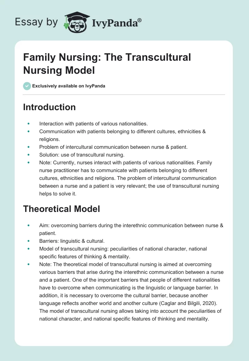 Family Nursing: The Transcultural Nursing Model. Page 1